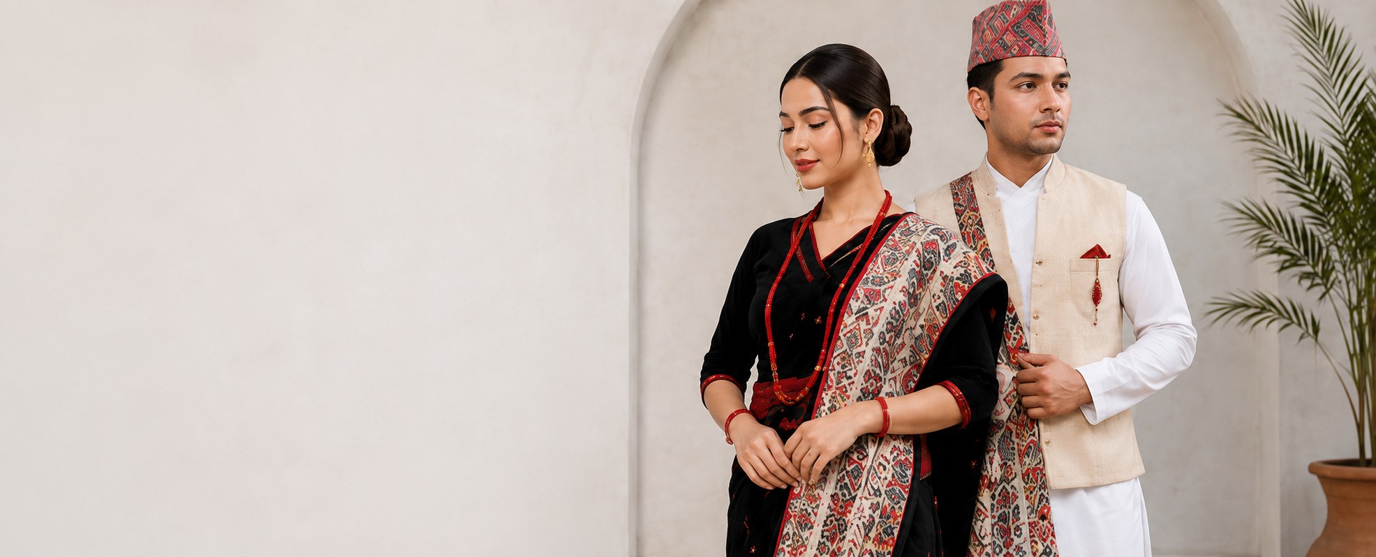 Couple wearing traditional Nepali attire — Daura Suruwal and Dhaka